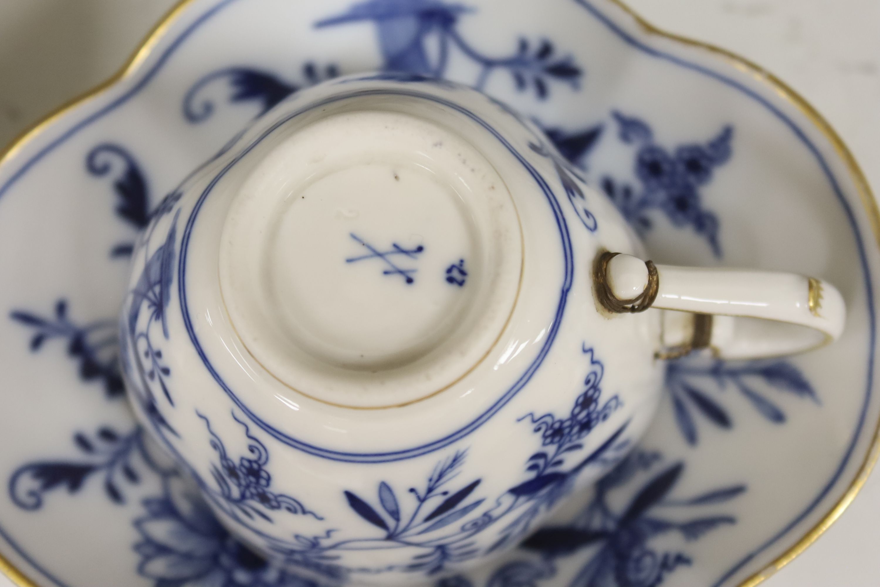 A Meissen blue and white part coffee service and similar leaf shaped dishes